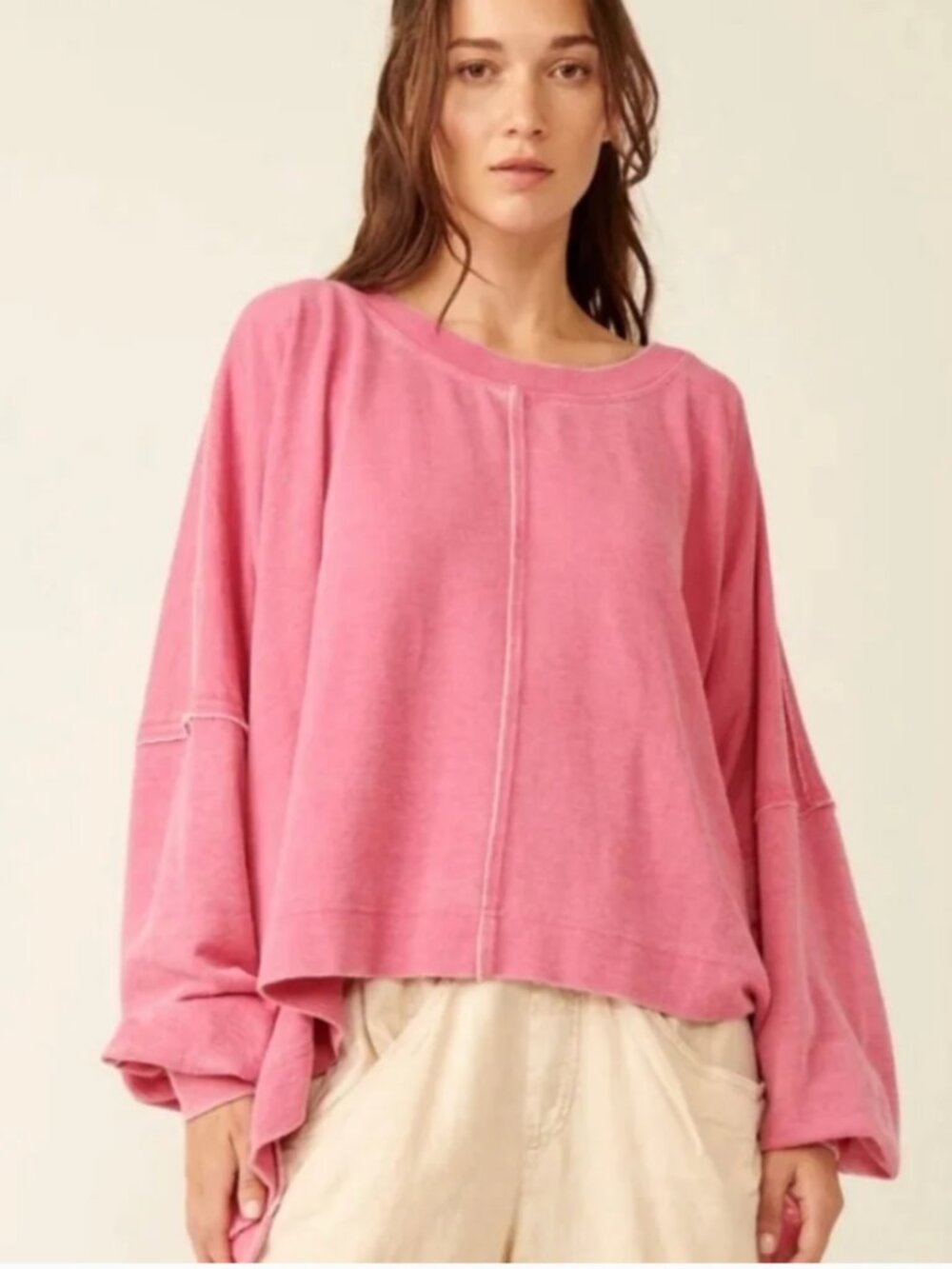 Free People Pink Oversized Slouchy Raw Seam Sweatshirt